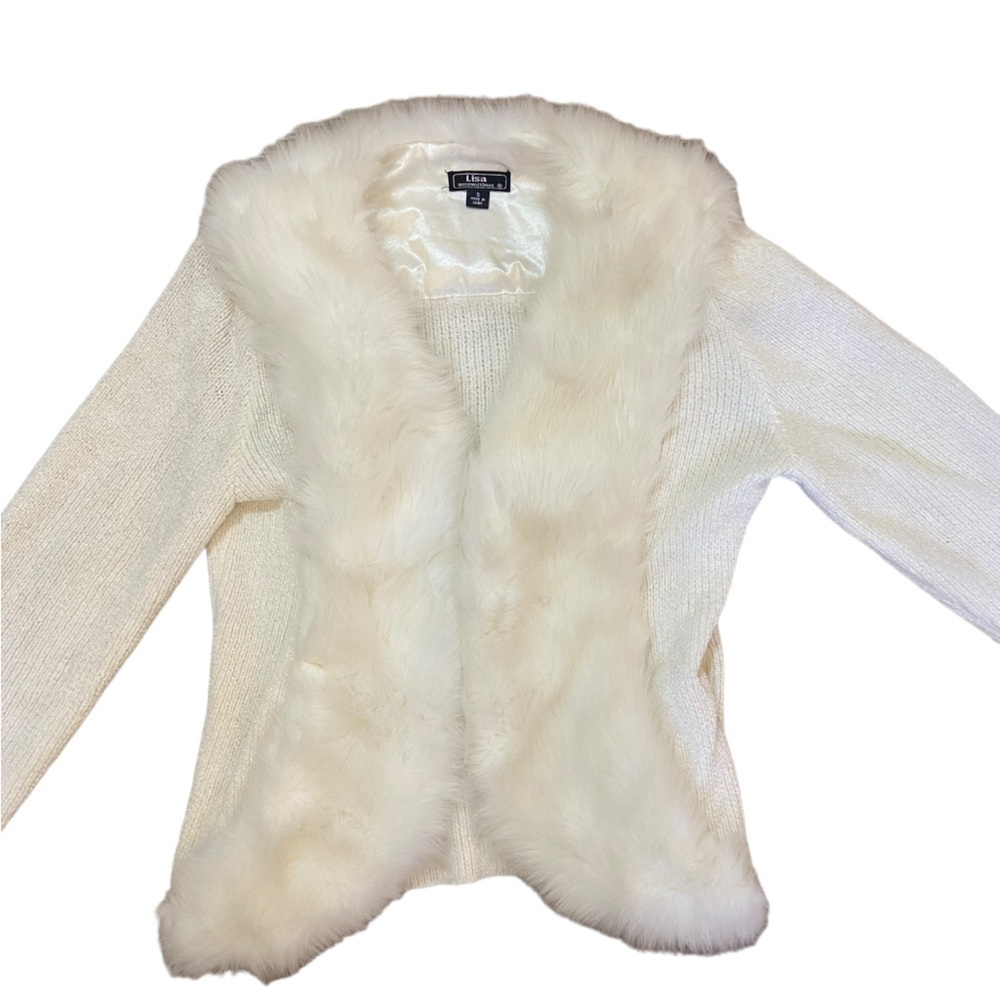 Vintage Lisa International Off-White Long Sleeve Sweater Faux Fur Jacket - Picture 8 of 10